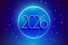 2026 星际光效主题海报：蓝调星幕与荧光环的未来感新年设计