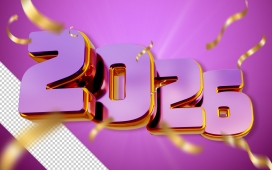 2026 紫金立体字庆典设计：流光质感与彩带装饰的新年视觉