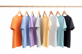 多色纯色短袖 T 恤展示：简约衣架陈列的基础款服饰素材