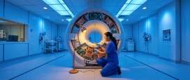 医疗影像设备维修场景：CT/MRI 仪器内部维护的蓝色调医疗科技摄影
