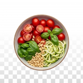 清新轻食碗特写：小番茄罗勒西葫芦意面的健康餐食摄影