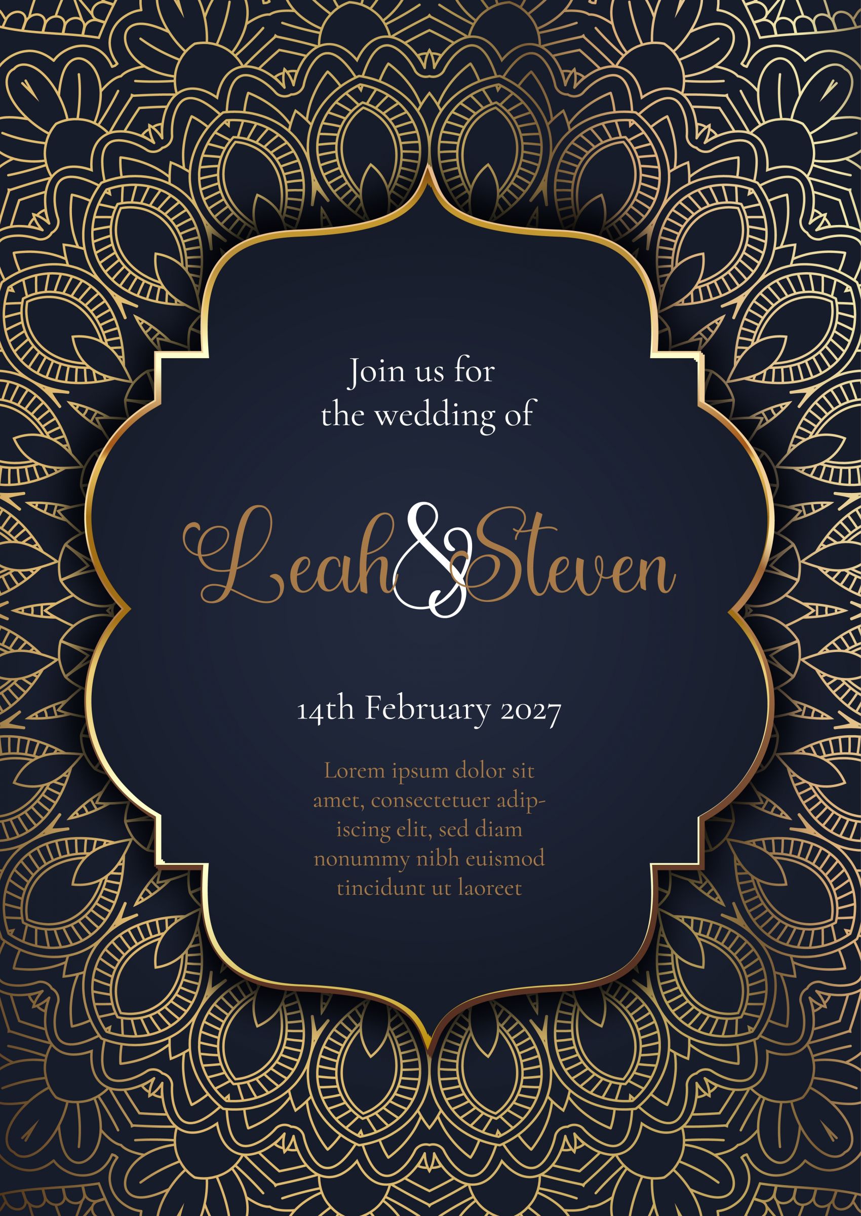 深蓝金纹婚礼请柬:Leah 与 Steven 的浪漫婚讯设计图片