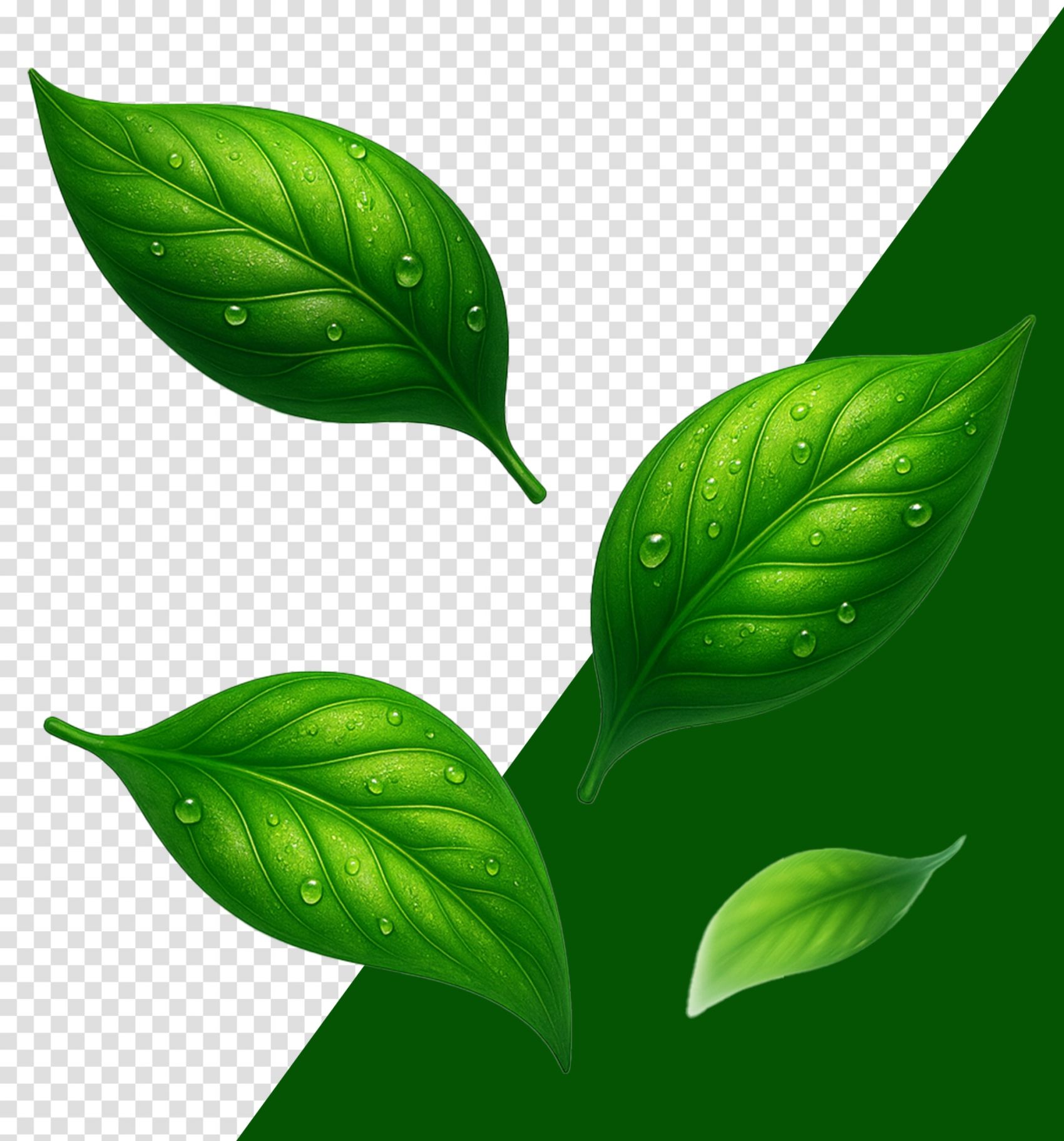 带露绿叶分层设计:双色调背景下的清新植物元素素材图片