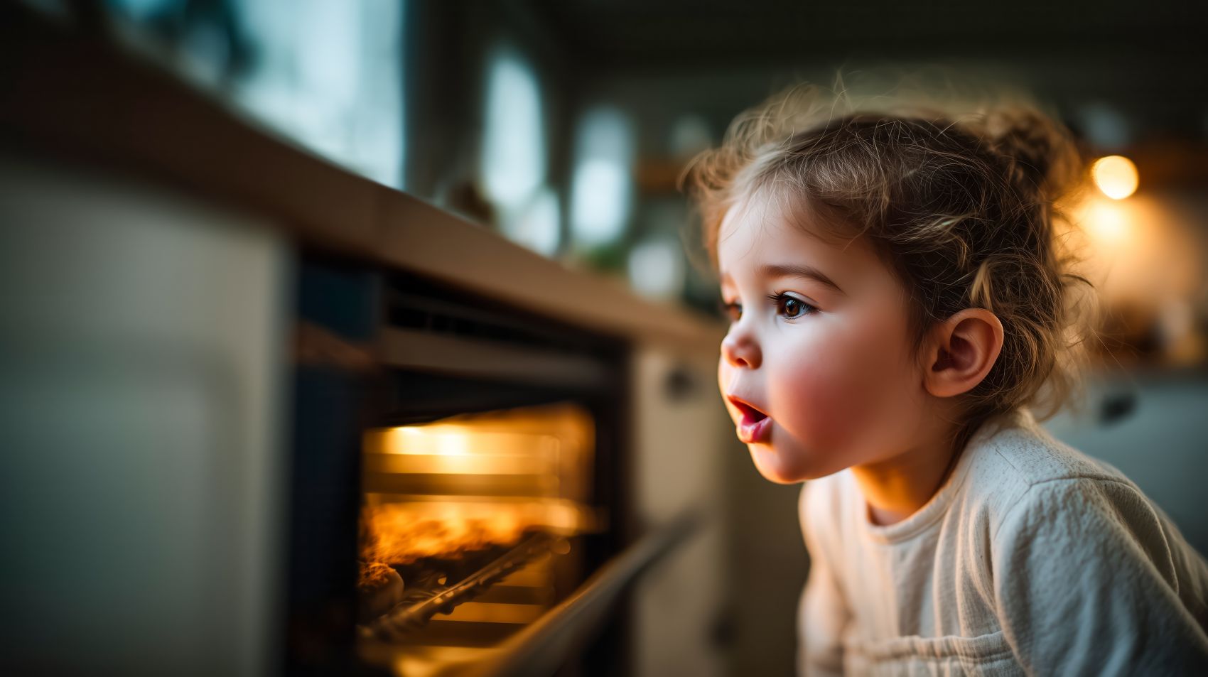 暖光食趣 - 孩童观察烘焙的生活场景图片