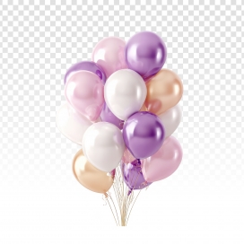 粉紫金白气球束 - 透明背景派对装饰素材