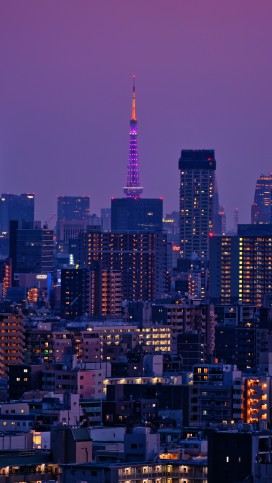 紫调暮色下东京塔城市都市夜景摄影