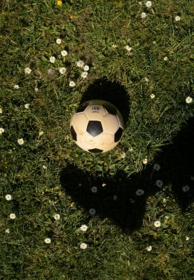 俯拍草坪旧足球雏菊静物摄影 春日清新治愈运动氛围感素材