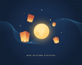 深蓝色科技流线圆月孔明灯中秋矢量节日海报