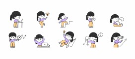 简笔画双马尾女孩工作学习创意多格卡通插画
